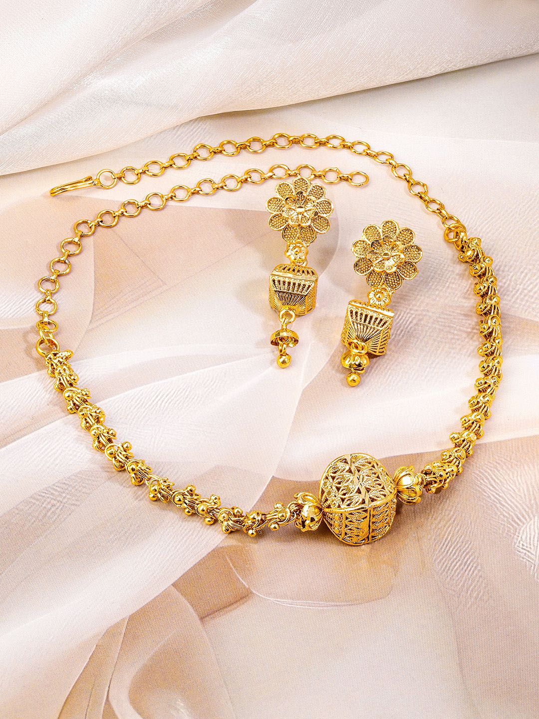Rubans 18K Gold-Plated Floral Motif & Filigree Beaded Brass Necklace Set - Image 3
