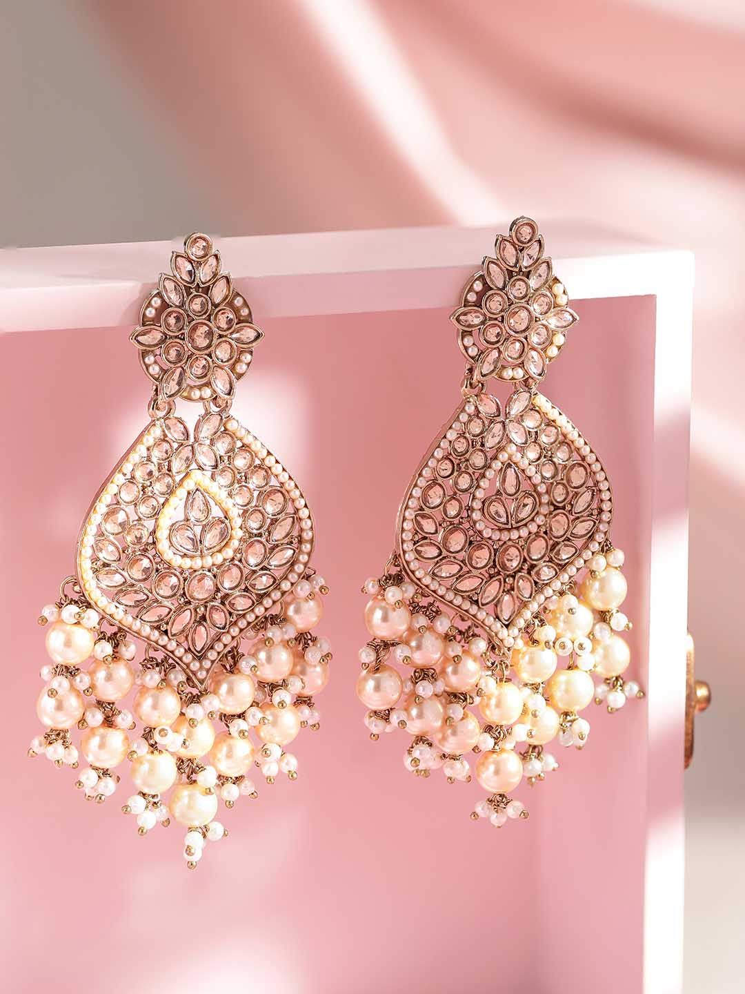 Rubans 18K Gold-Plated Kundan & Glosssy Off-White Pearl Beaded Chandelier Earrings - Image 2