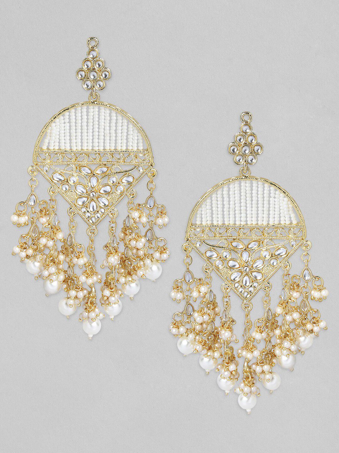 Rubans 18K Gold Plated Kundan Work and Off-White Pearl Beaded Big Chandelier Earrings - Image 3