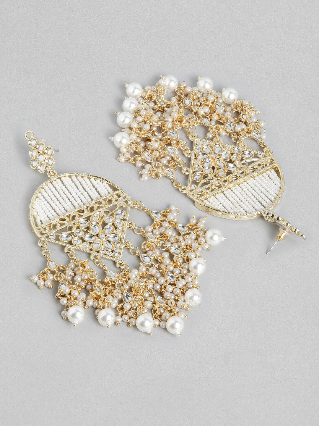 Rubans 18K Gold Plated Kundan Work and Off-White Pearl Beaded Big Chandelier Earrings - Image 4