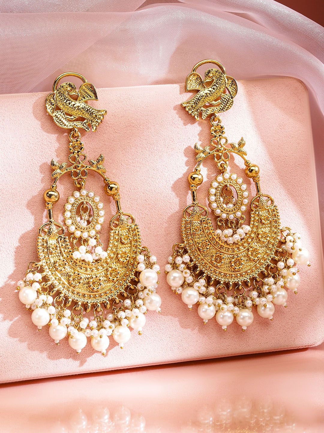 Rubans 18K Gold-Plated Large Chandbali Earrings with White Pearl Beaded Accents - Image 3