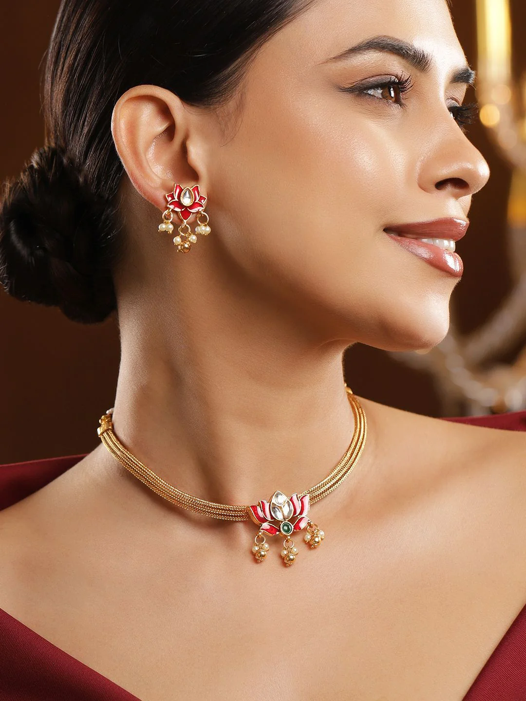 Rubans 18K Gold-Plated Ruby Red Enamel Lotus Motif Pearl Beaded Choker Necklace Set - Image 2