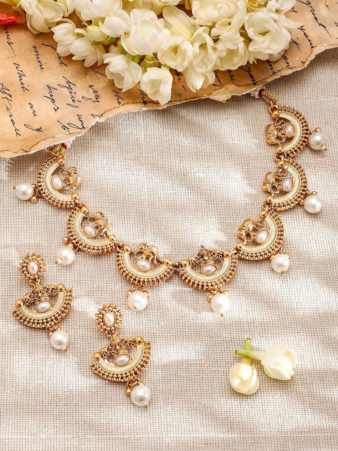 Rubans 18K Gold-Plated White Pearl Drops and Kundan Studded Brass Necklace Set - Image 2