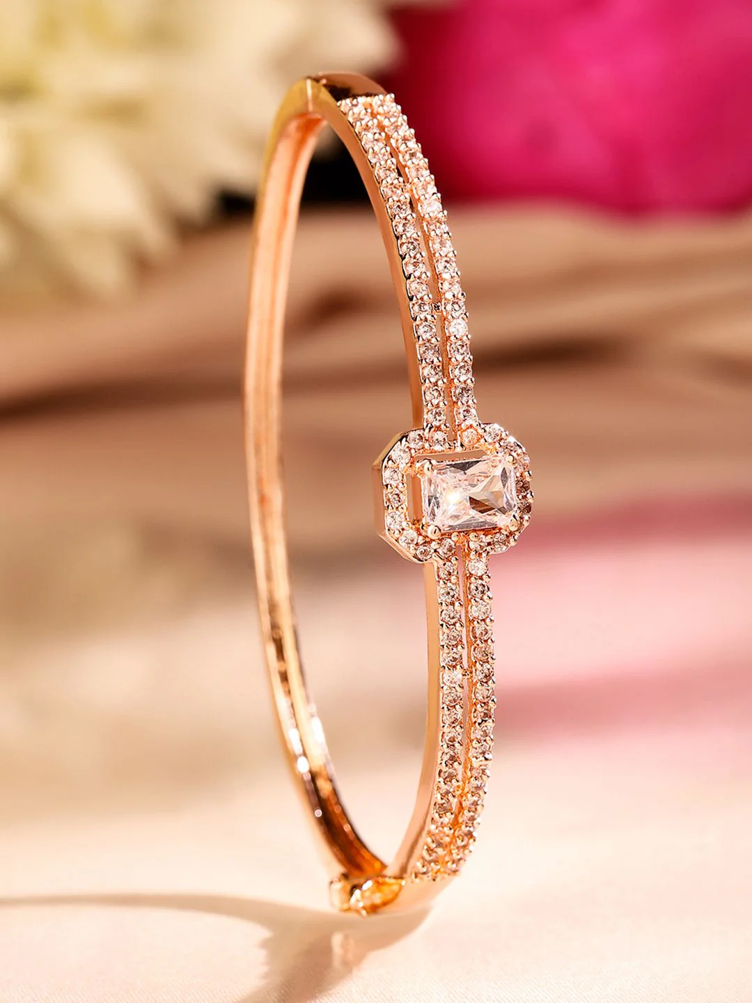 Rubans 18K Rose Gold-Plated Cubic Zirconia Dual Band Openable Bracelet-Statement Jewelry - Image 3