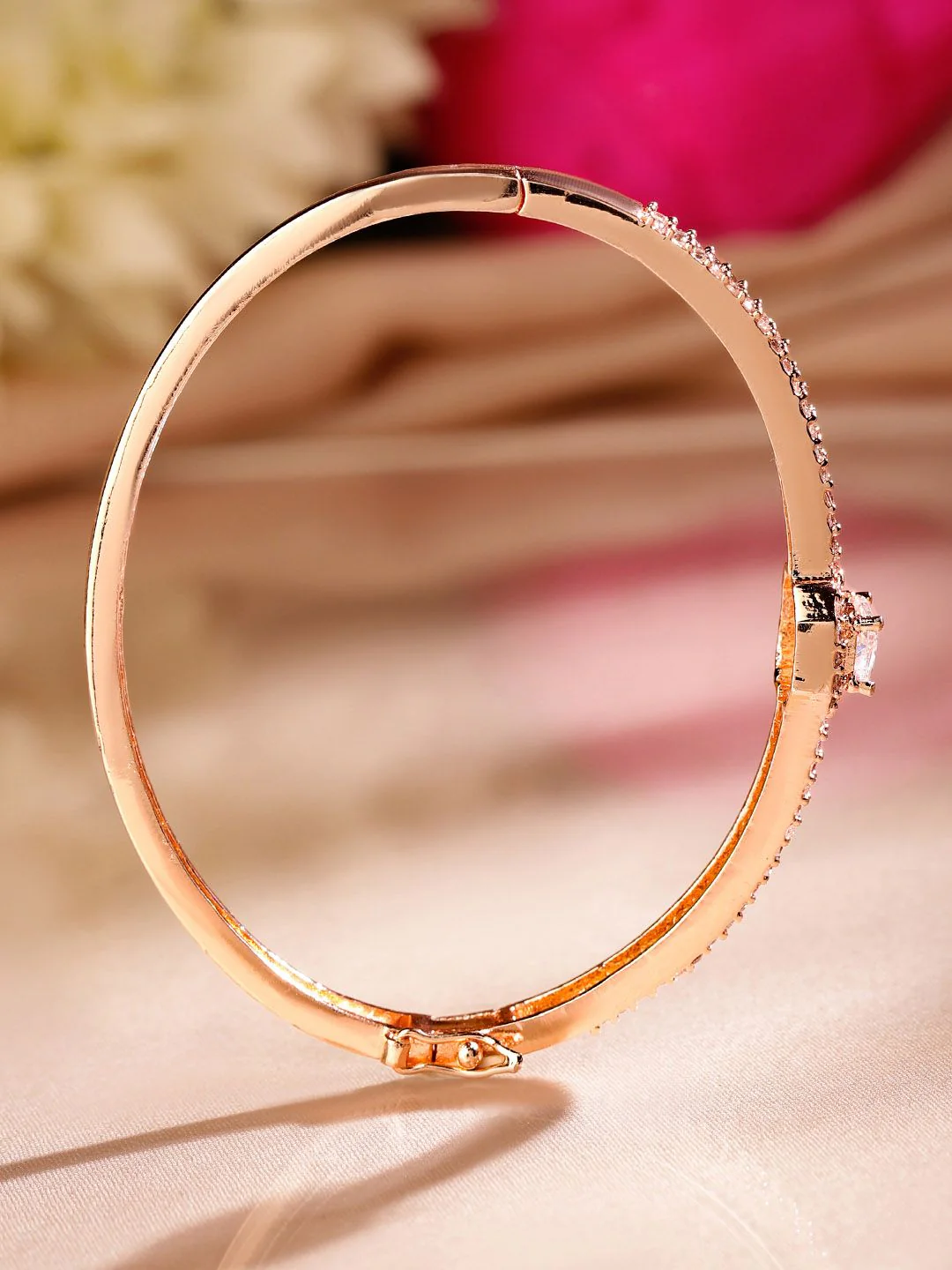 Rubans 18K Rose Gold-Plated Cubic Zirconia Dual Band Openable Bracelet-Statement Jewelry - Image 4