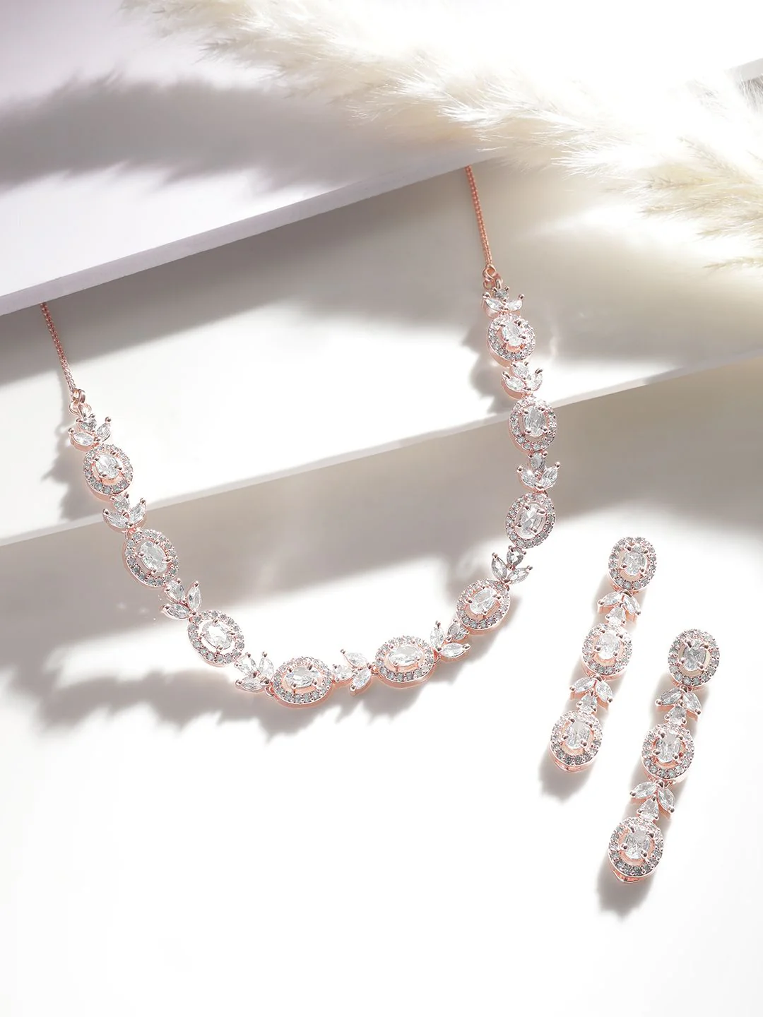 Rubans 18K Rose Gold-Plated White Cubic Zirconia Studded Handcrafted Necklace Set - Image 2