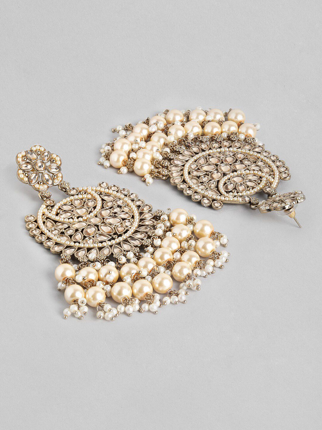 Rubans 22K Gold Plated AD Studded Handcrafted Long Chandbali with Cream-Colored Pearls - Image 4