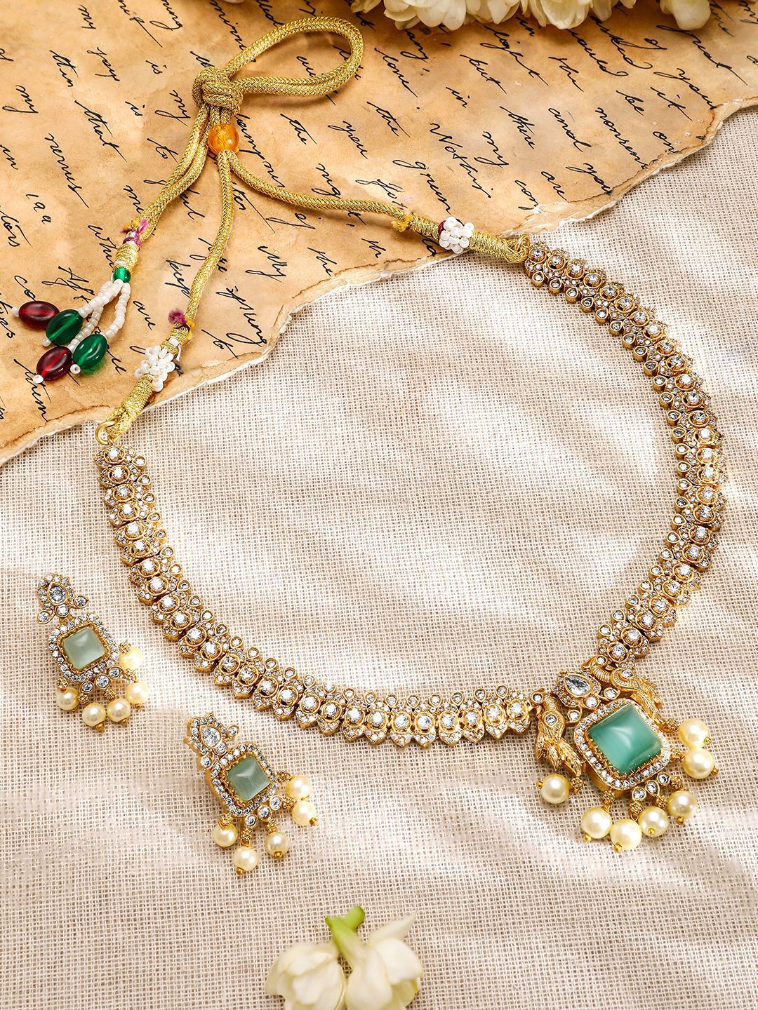Rubans 22K Gold-Plated Aqua AD & White CubicZirconia Studded Jewellery Set with Pearl Drop - Image 3