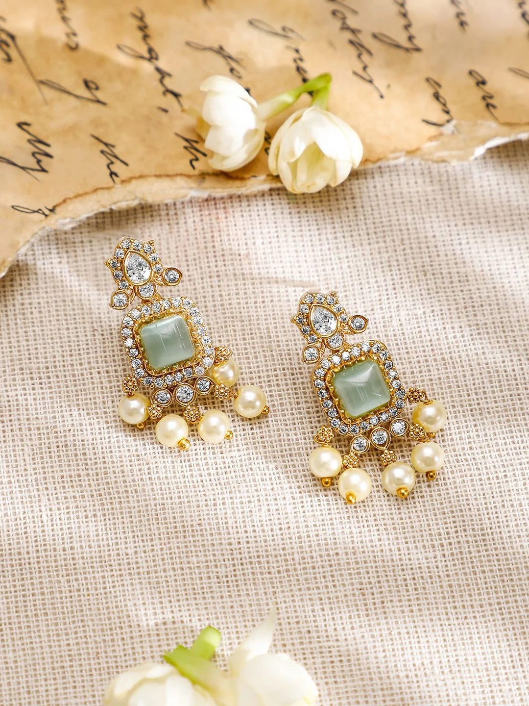 Rubans 22K Gold-Plated Aqua AD & White CubicZirconia Studded Jewellery Set with Pearl Drop - Image 5