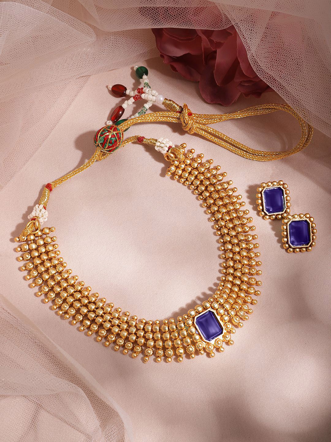 Rubans 22K Gold-Plated Blue Sapphire Studded Choker Necklace Set with Gold Beads - Image 3