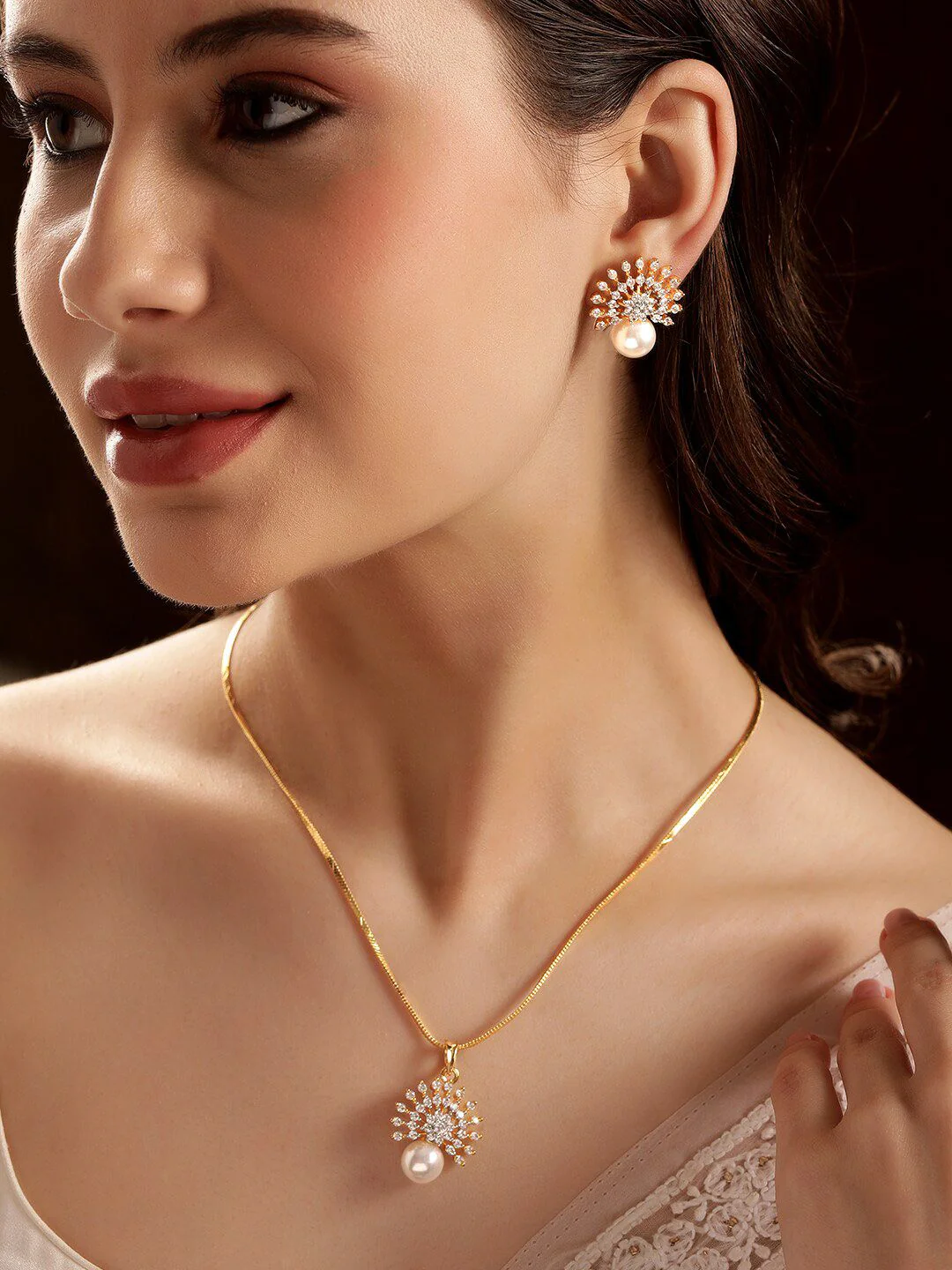 Rubans 22K Gold-Plated Cubic Zirconia and Pearl Studded Necklace Set with Sunburst Design