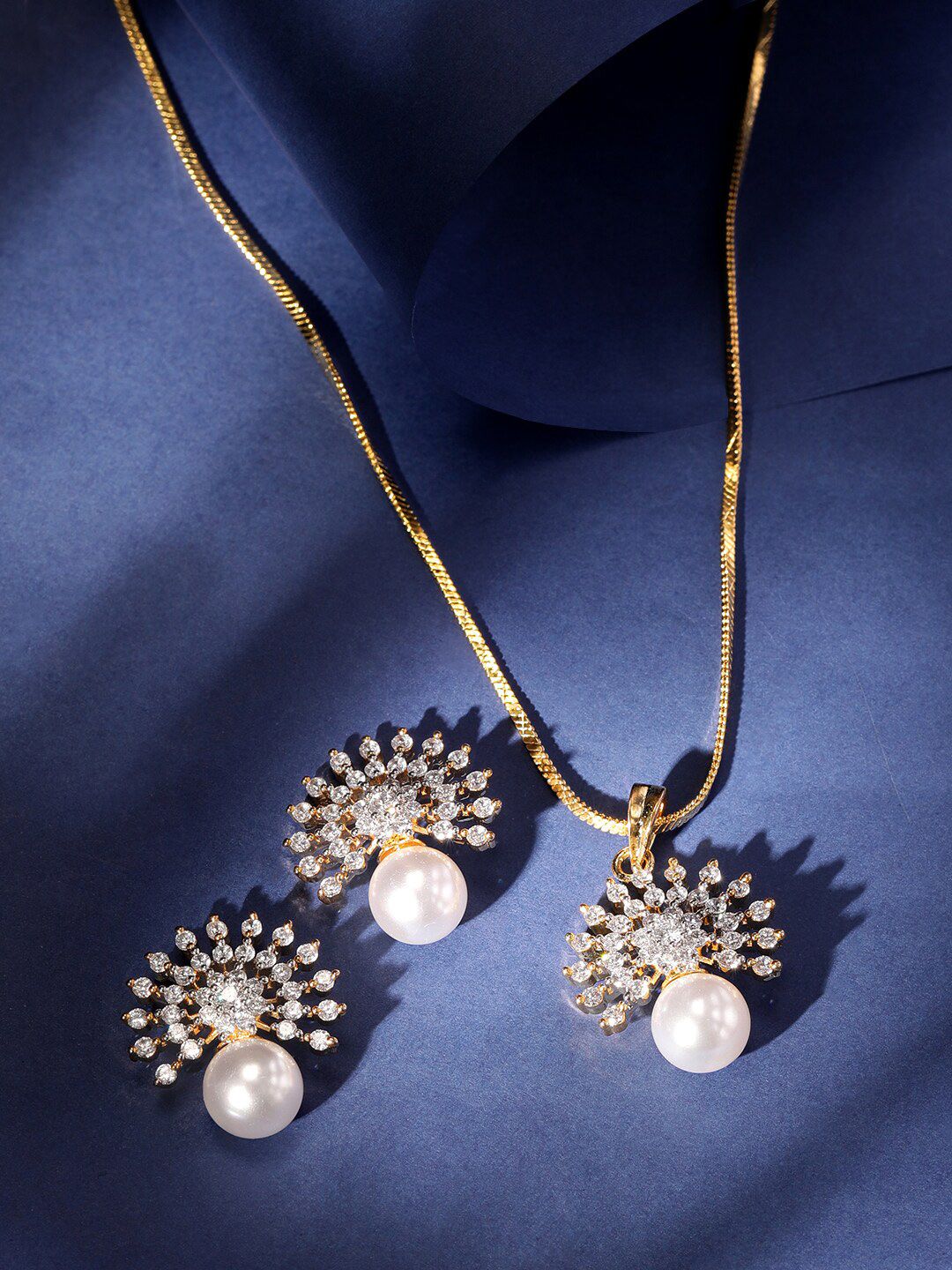 Rubans 22K Gold-Plated Cubic Zirconia and Pearl Studded Necklace Set with Sunburst Design - Image 2