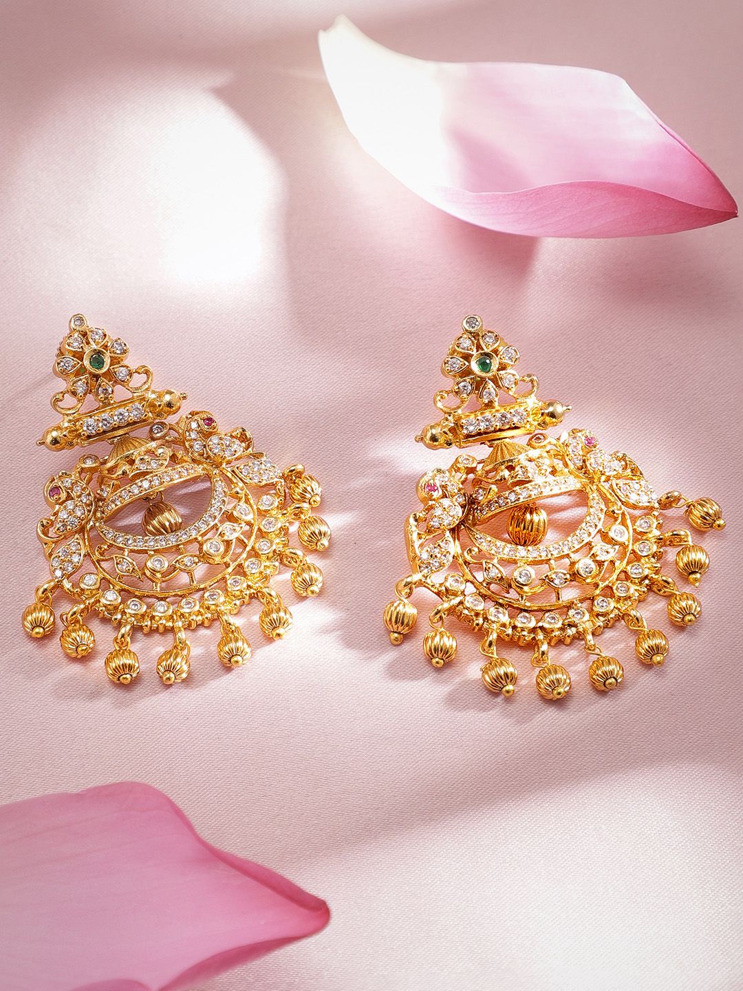 Rubans 22K Gold-Plated Emerald & Cubic Zirconia Studded Chandbali Earrings with Gold Beads - Image 2