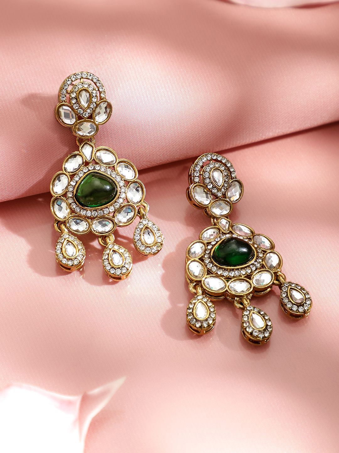 Rubans 22K Gold-Plated Emerald Green & White Kundan and Cubic Zirconia Chandelier Earrings - Image 3
