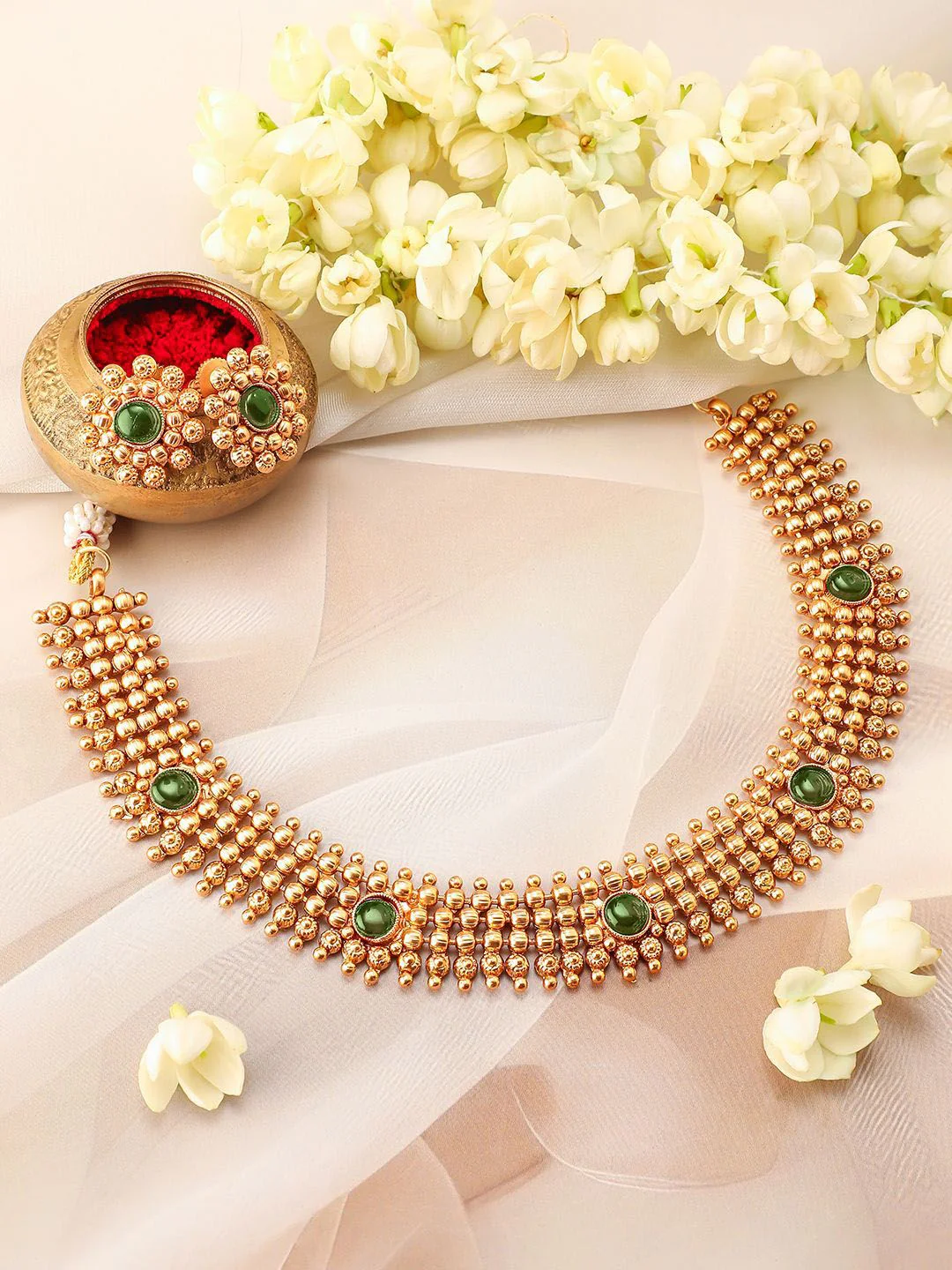 Rubans 22K Gold-Plated Emerald Studded Traditional Choker Necklace Set with Gold Beads - Image 2
