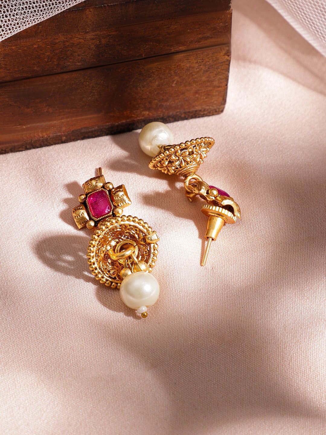 Rubans 22K Gold Plated Handcrafted Ruby Stone Studded and Gold Beaded Jewellery Set - Image 4