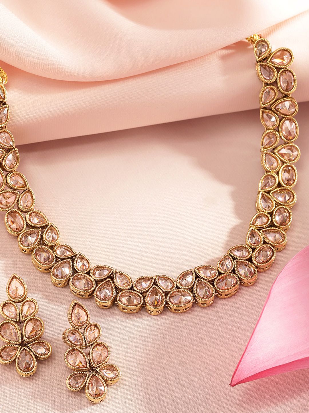 Rubans 22K Gold-Plated Kundan Stone Studded Necklace Set with Teardrop Shaped Earrings - Image 2