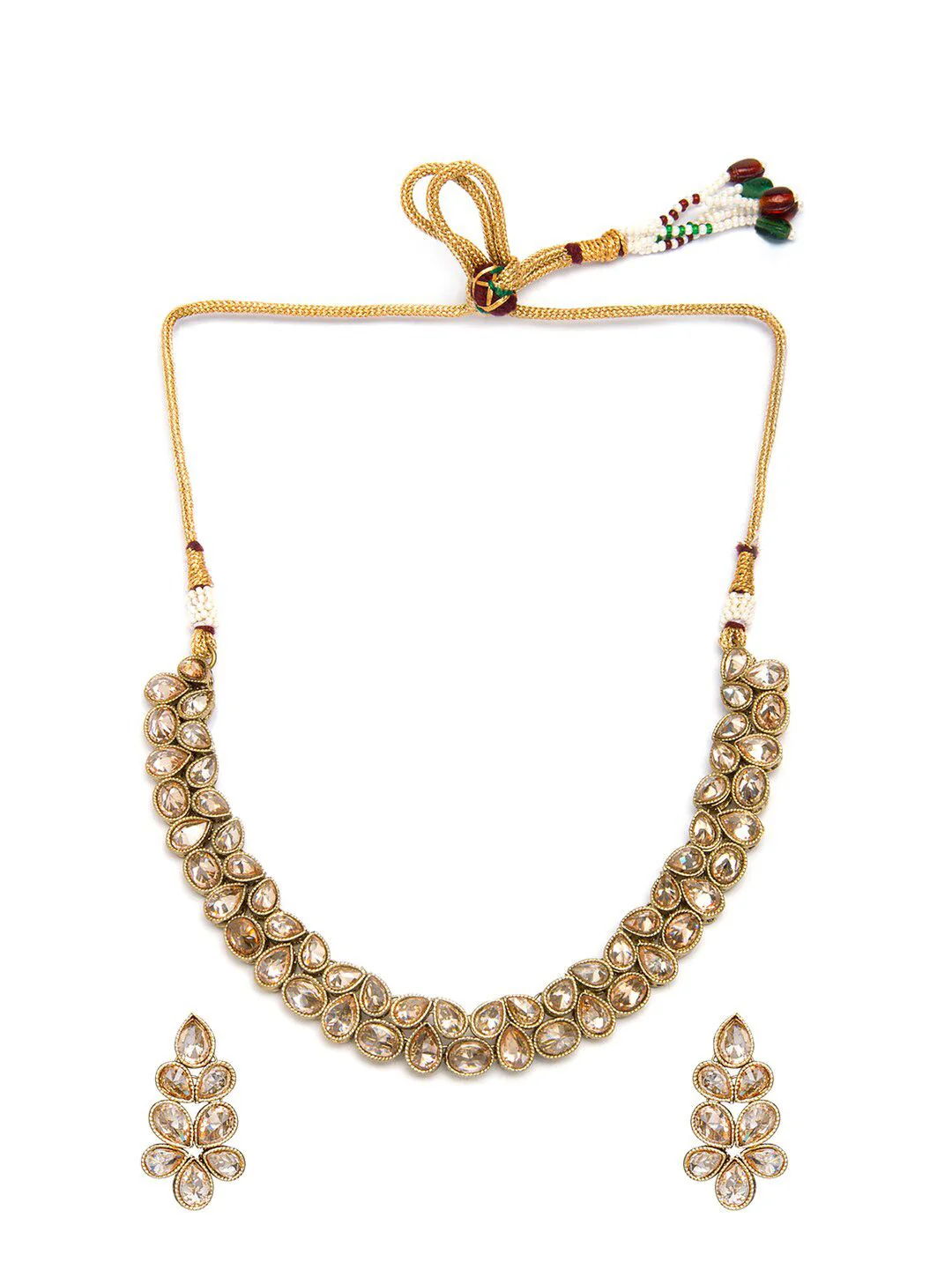 Rubans 22K Gold-Plated Kundan Stone Studded Necklace Set with Teardrop Shaped Earrings - Image 3