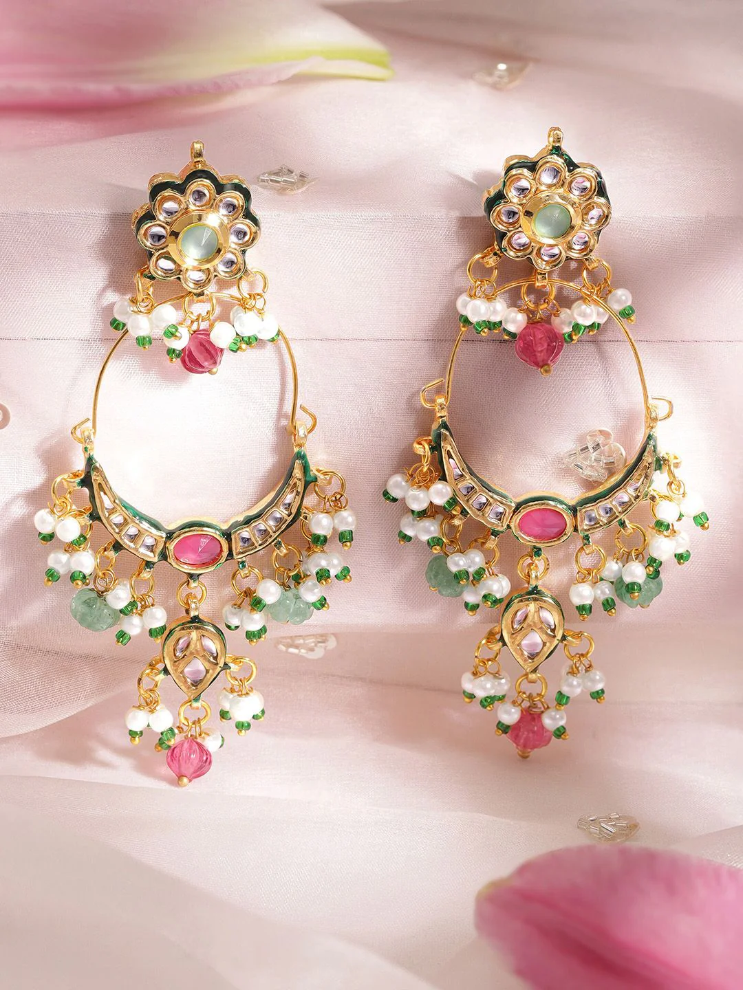 Rubans 22K Gold-Plated Multi-Color Stone & Kundan Studded Chandbali Earrings with Beads - Image 2