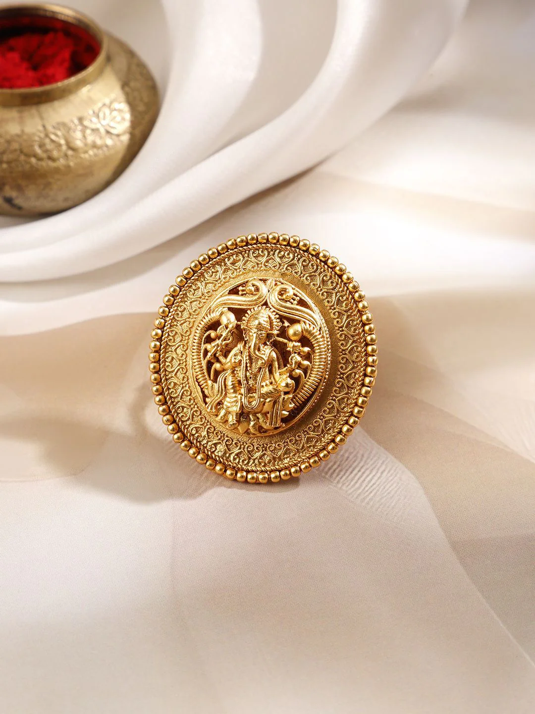 Rubans 22K Gold-Plated Oversized Lakshmi Motif Temple Statement Adjustable Finger Ring - Image 2