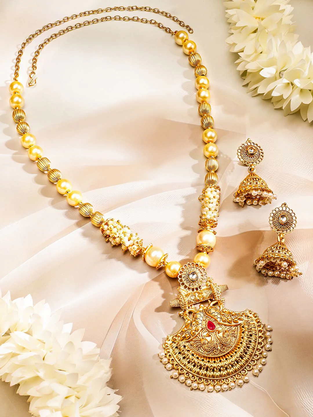 Rubans 22K Gold-Plated Pendant Jewellery Set with Golden & Pearl Beads and Ruby Red Stone - Image 3