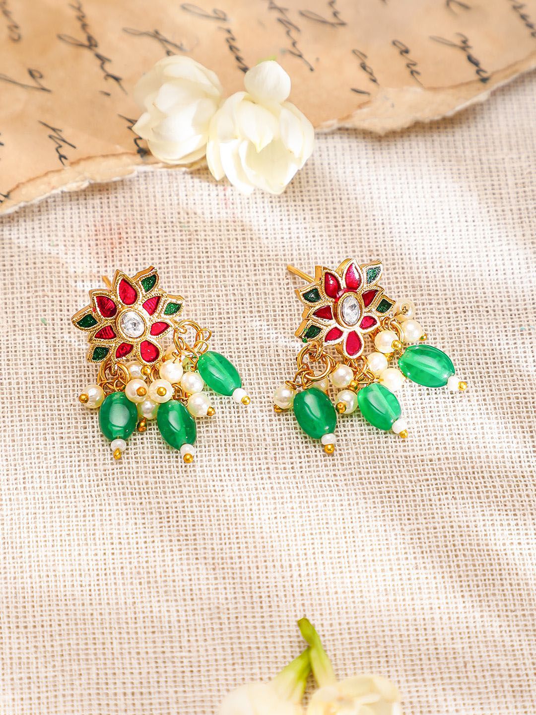 Rubans 22K Gold-Plated Pink & Green Kundan Stone Long Necklace Set with Earrings - Image 5