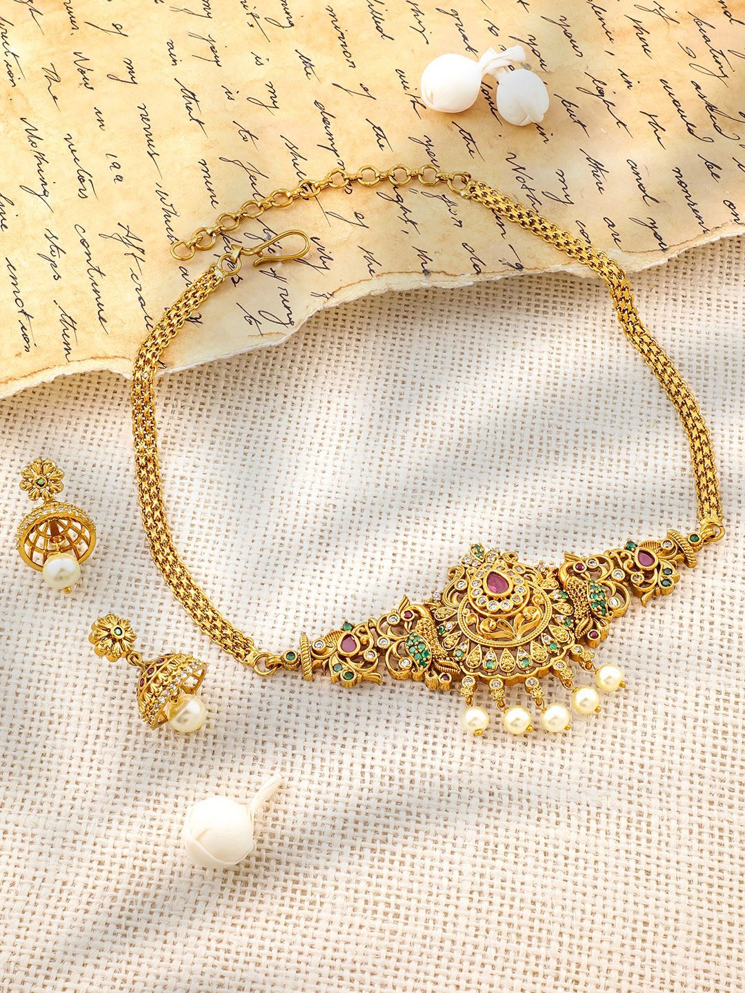 Rubans 22K Gold-Plated Ruby, Emerald & Cubic Zirconia Studded Choker Set with Pearl Drops - Image 3