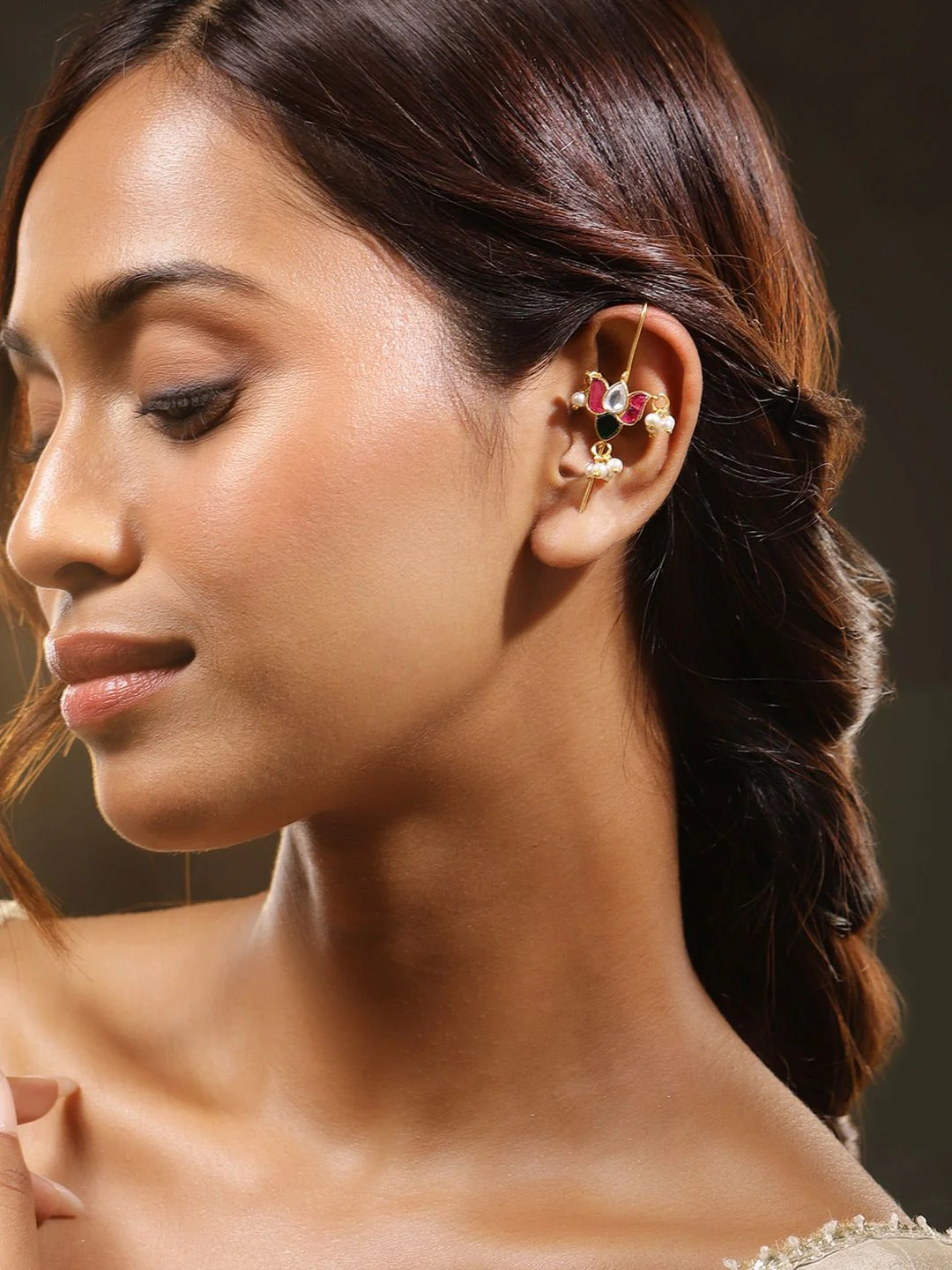 Rubans 22K Gold-Plated Ruby, Emerald, Kundan Studded & Pearls Beaded Lotus Shaped Ear Cuff - Image 2