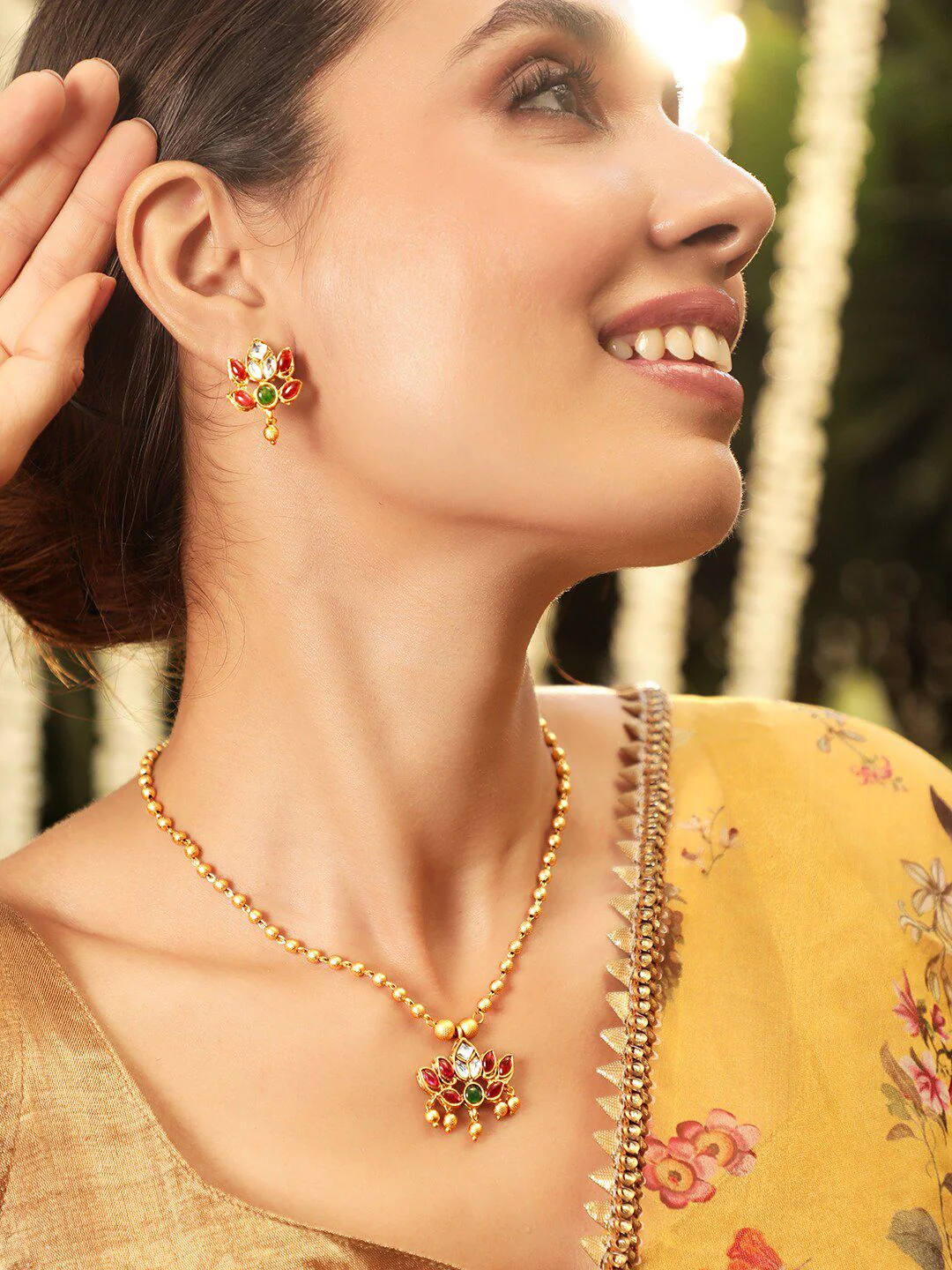 Rubans 22K Gold-Plated Ruby Pink & Emerald Stone Studded Handcrafted Necklace with Earring - Image 2