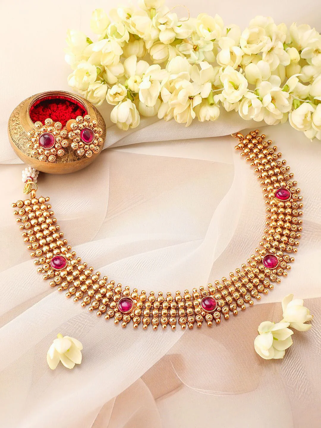 Rubans 22K Gold-Plated Ruby Pink Studded Traditional Choker Necklace Set with Gold Beads - Image 2