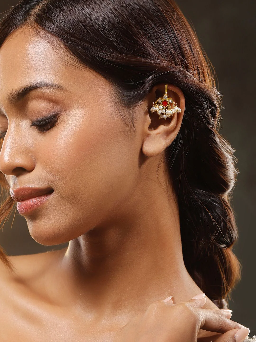 Rubans 22K Gold-Plated Ruby Pink & White Kundan Handcrafted Ear Cuff with Pearl Beads - Image 2