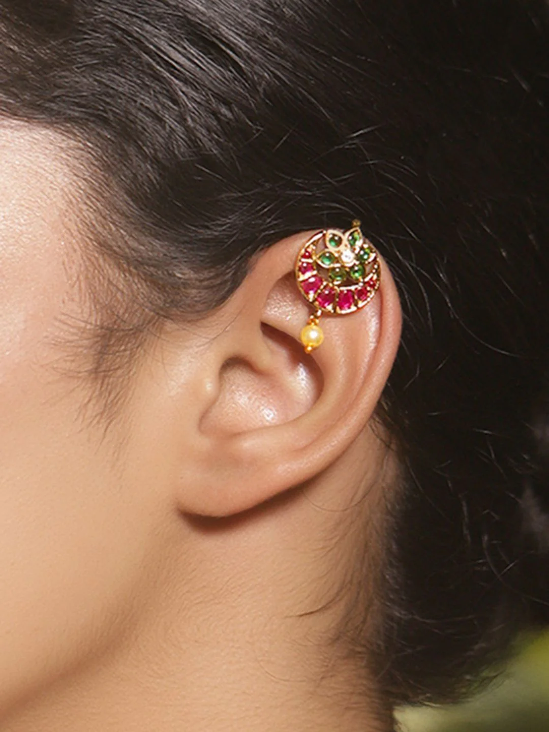 Rubans 22K Gold-Plated Stones Studded & Pearls Beaded Floral Shaped Drop Earrings - Image 3