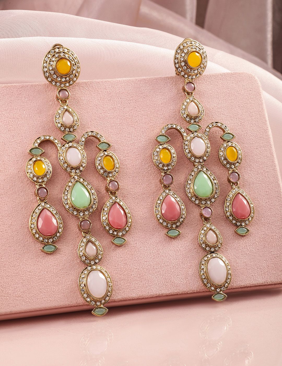 Rubans 22K Mehandi Gold-Plated Classic Gemstone & Zirconia Studded Chandelier Earrings - Image 3