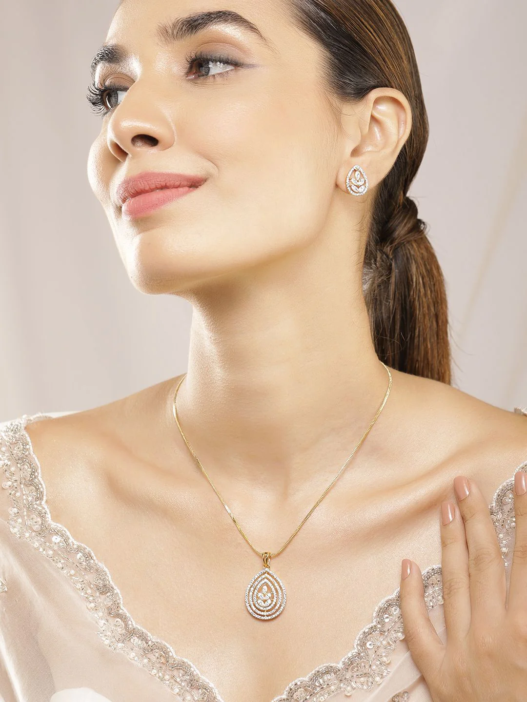 Rubans 22KT Gold Plated Cubic Zirconia Studded Floral Pendent Jewellery Set