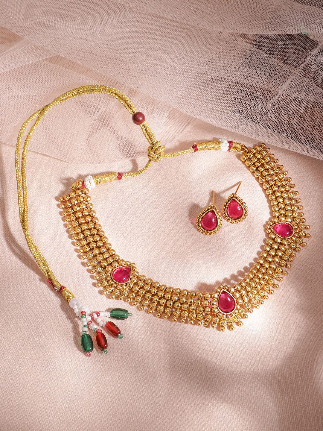 Rubans 22KT Gold Plated Ruby Stone Studded Golden Beaded Traditional Brass Jewellery Set - Image 3