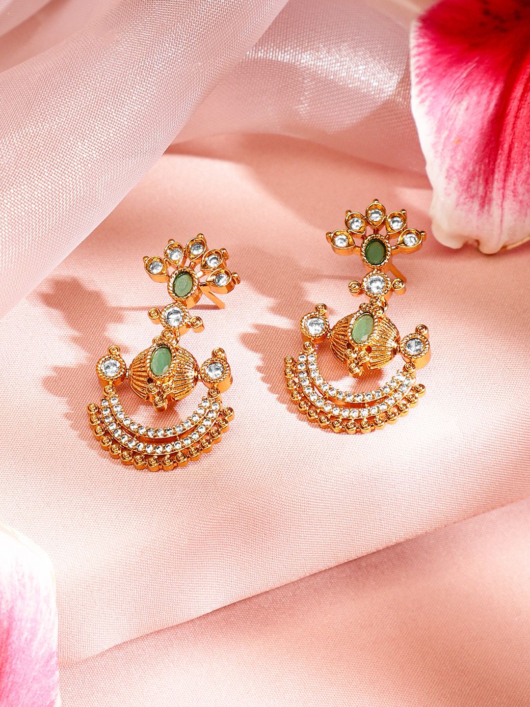 Rubans 24K Gold-Plated Emerald Green, White Cubic Zirconia & Pearl Beaded Jewellery Set - Image 5