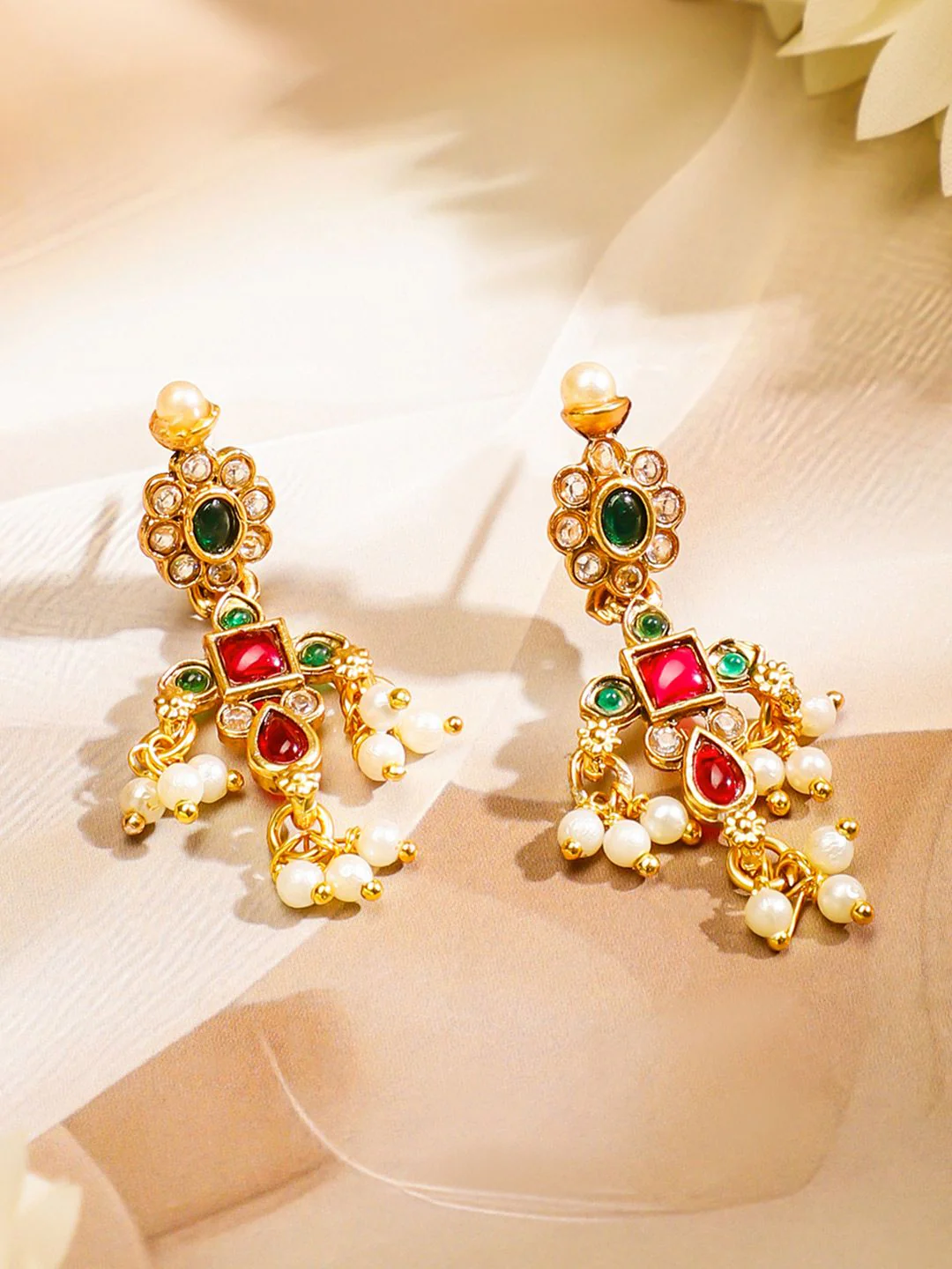 Rubans 24K Gold Plated Handcrafted Ruby & Emerald Studded & Pearl Beaded Jewellery Set - Image 5