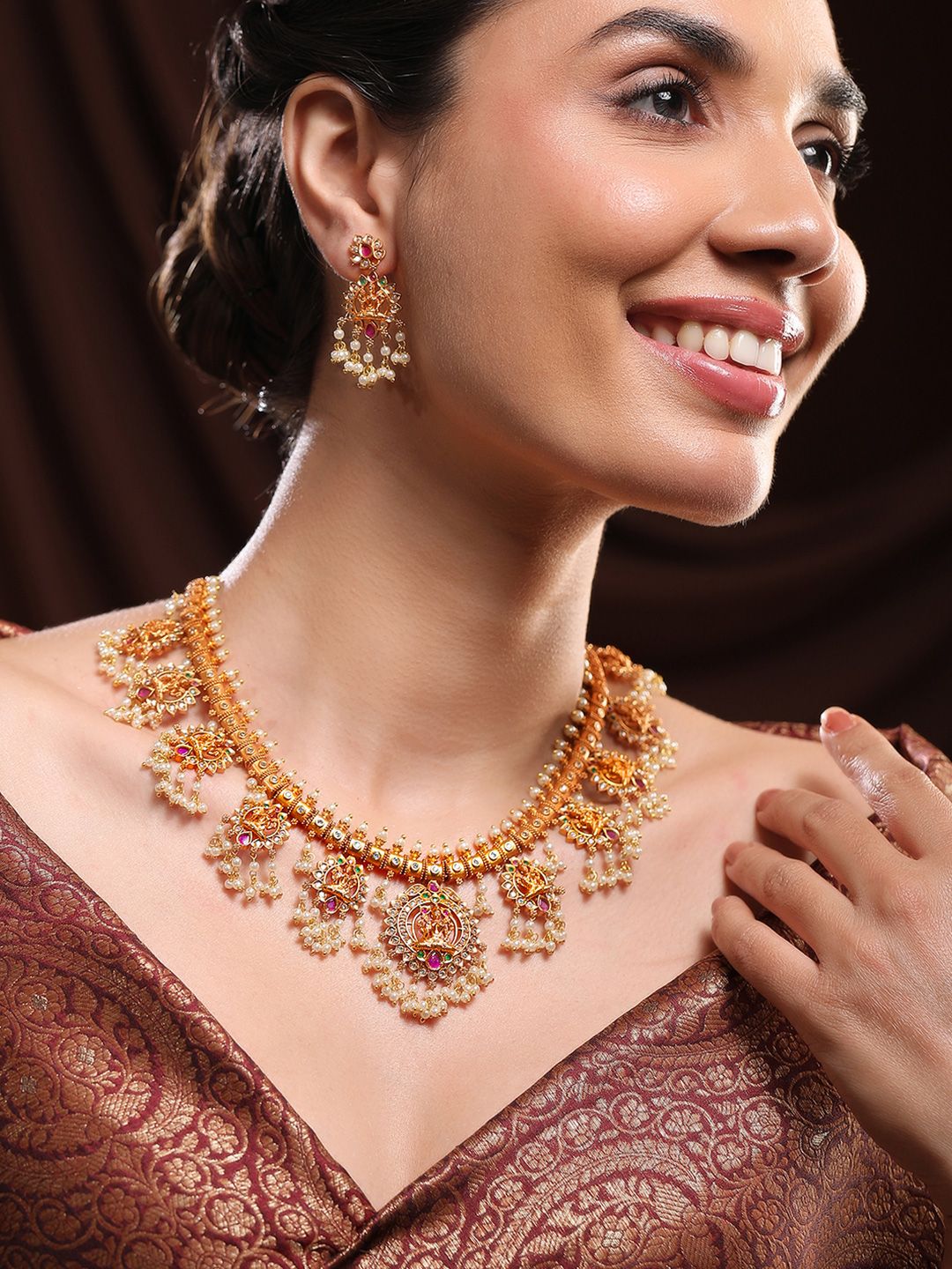 Rubans 24K Gold-Plated Lakshmi Temple Necklace Set with Ruby Stones & Pearl Detailing