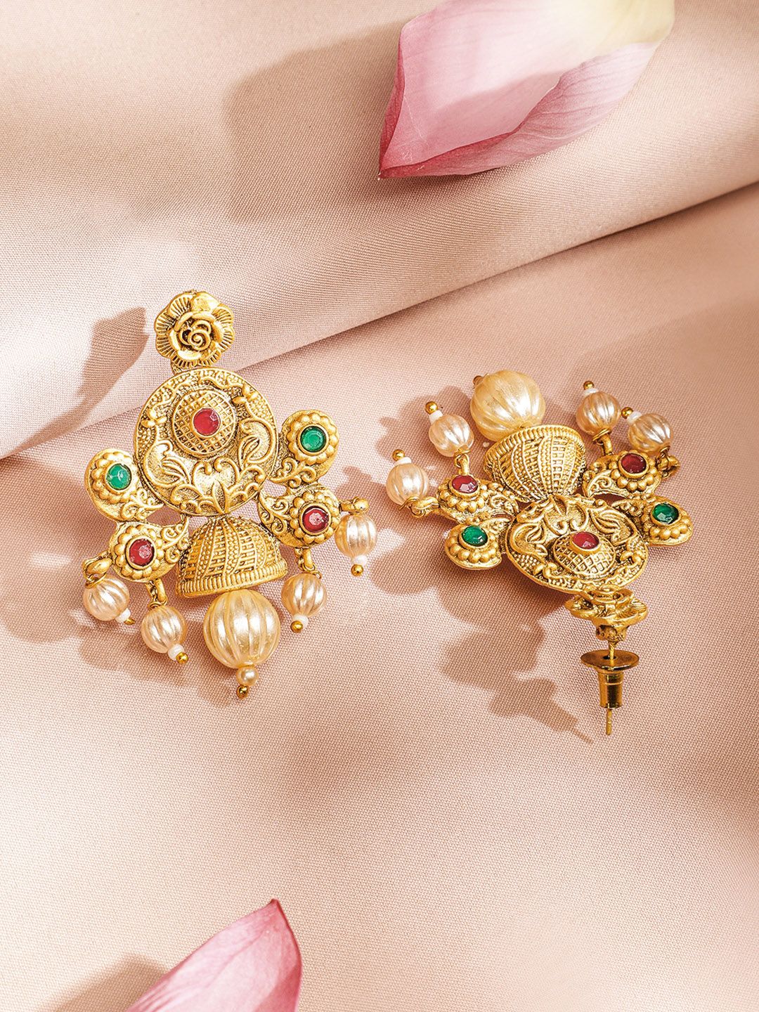 Rubans 24K Gold Plated Ruby & Emerald Stones and Pearl & Golden Beads Temple Jewelry Set - Image 5