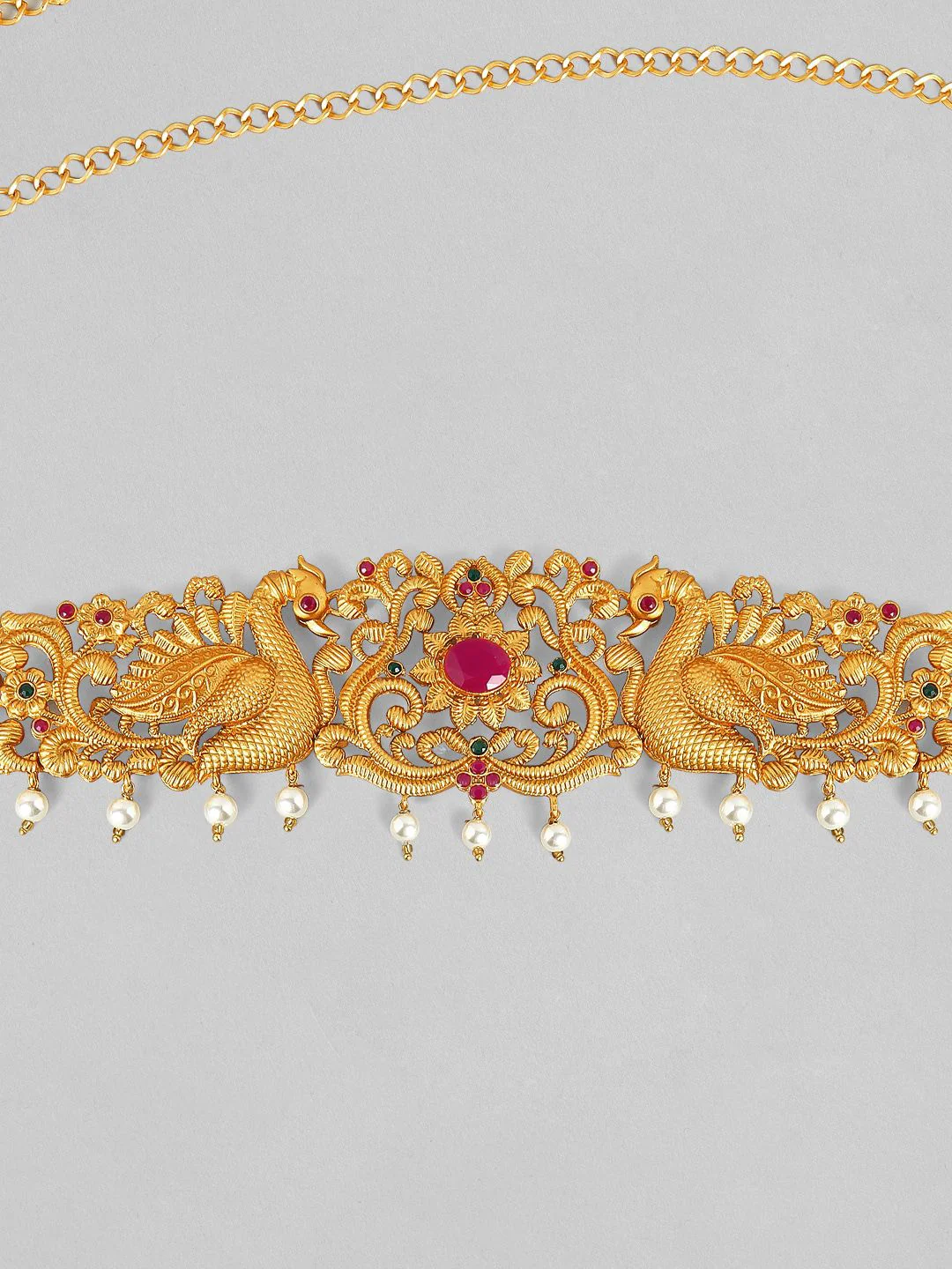 Rubans 24K Gold Plated Ruby with Peacock Motif Waist Chain Kamarbandh with Pearls Drop - Image 4