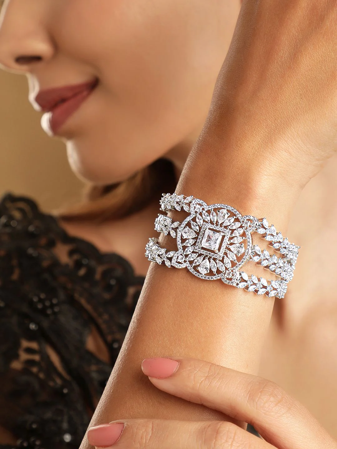Rubans Cubic Zirconia Rhodium-Plated Wraparound Bracelet