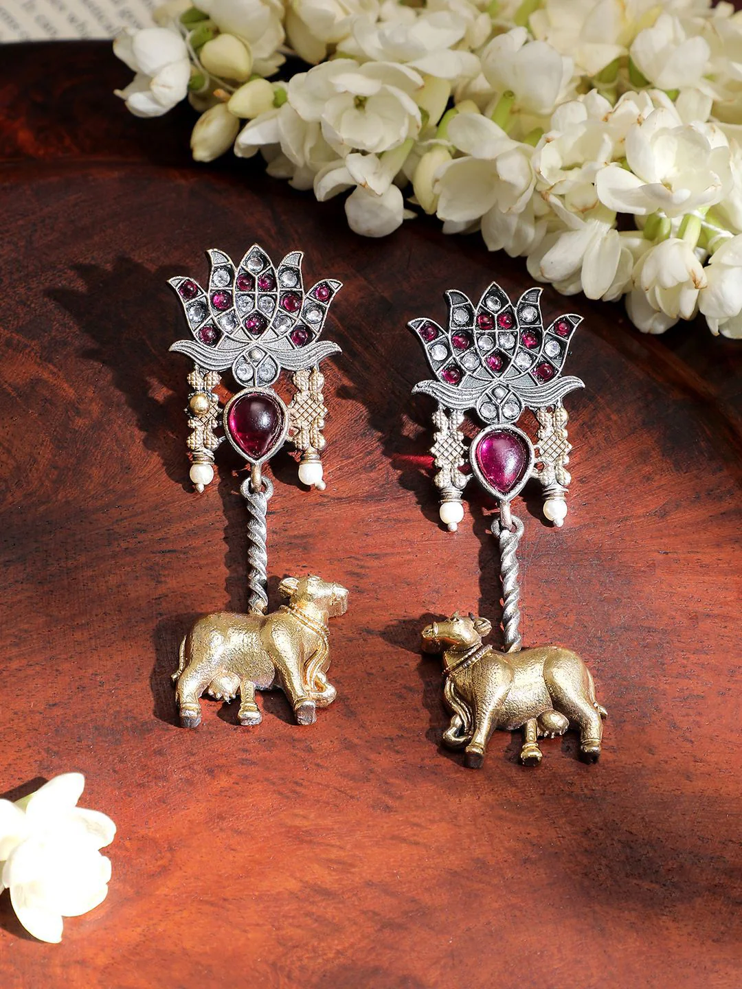Rubans Dual-Tone Oxidised Lotus Motif Drop Earrings with Pink Stone and Gold Cow Charm - Image 2