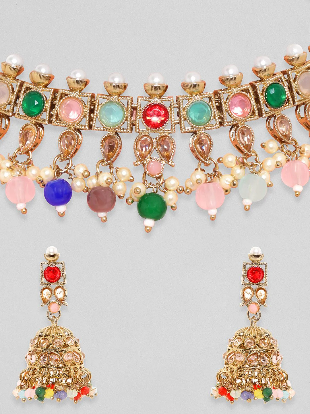 Rubans Gold-Plated Multi Color CZ Studded pearl beaded Handcrafted Jewellery Set - Image 5