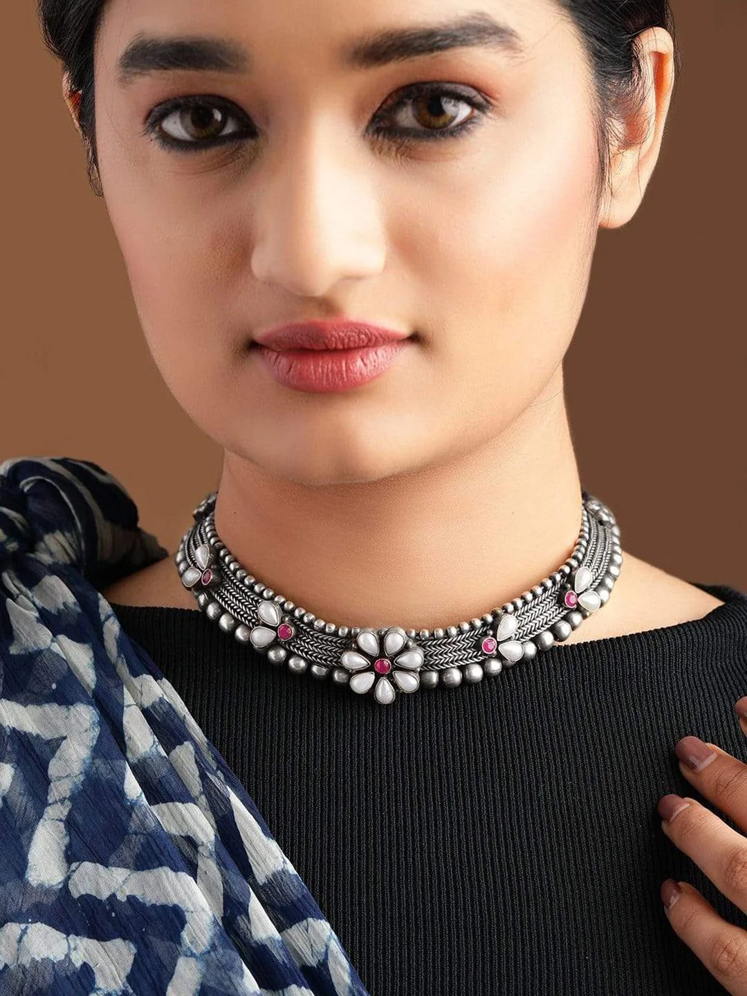 Rubans Oxidised Silver Plated Floral Design Pink Stone Studded Antique Choker Necklace