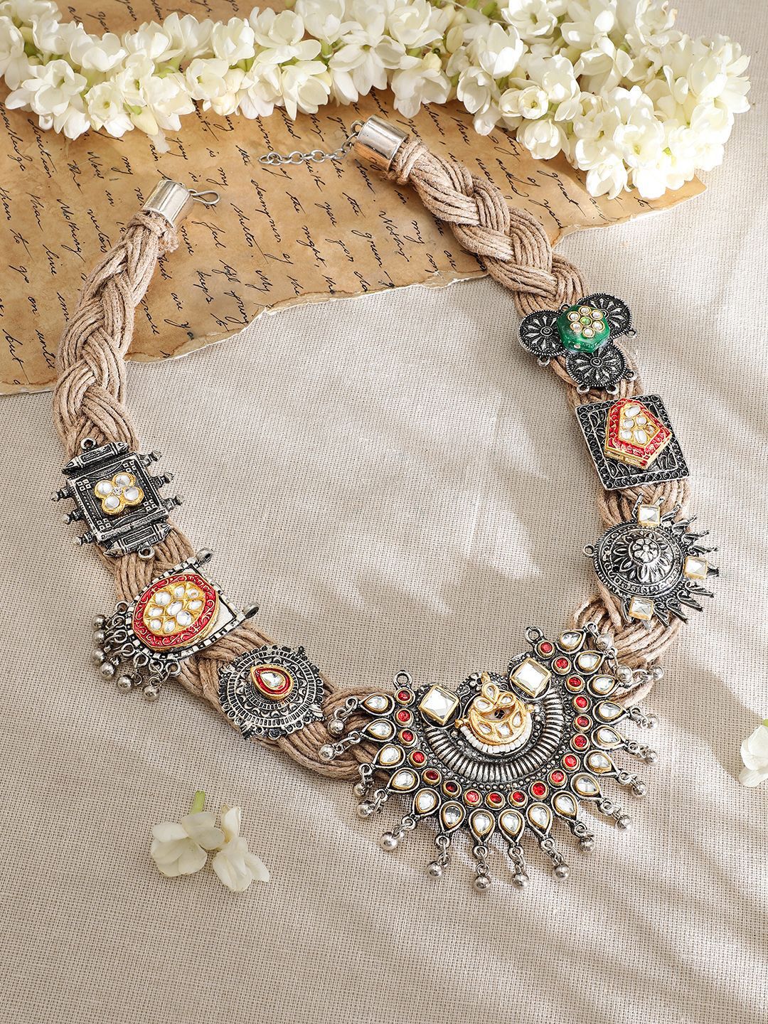Rubans Oxidised Silver-Plated Multicolour Bold Statement Necklace with Threaded Detailing - Image 3
