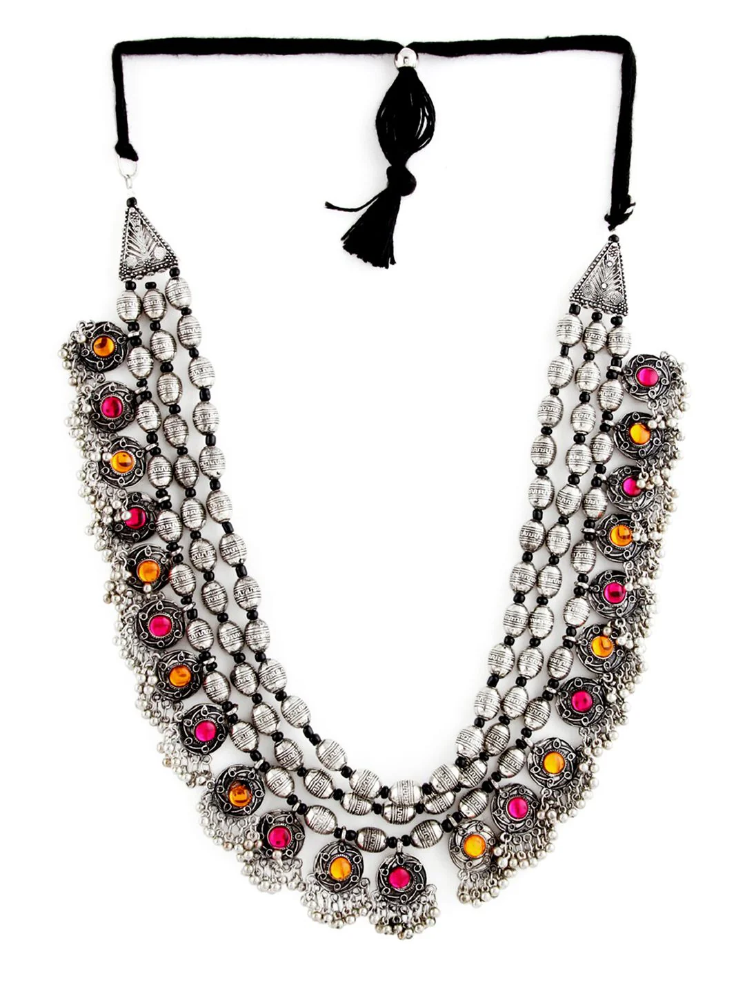 Rubans Oxidised Silver Plated Pink & Orange StoneMultilayered Handcrafted Antique Necklace - Image 4