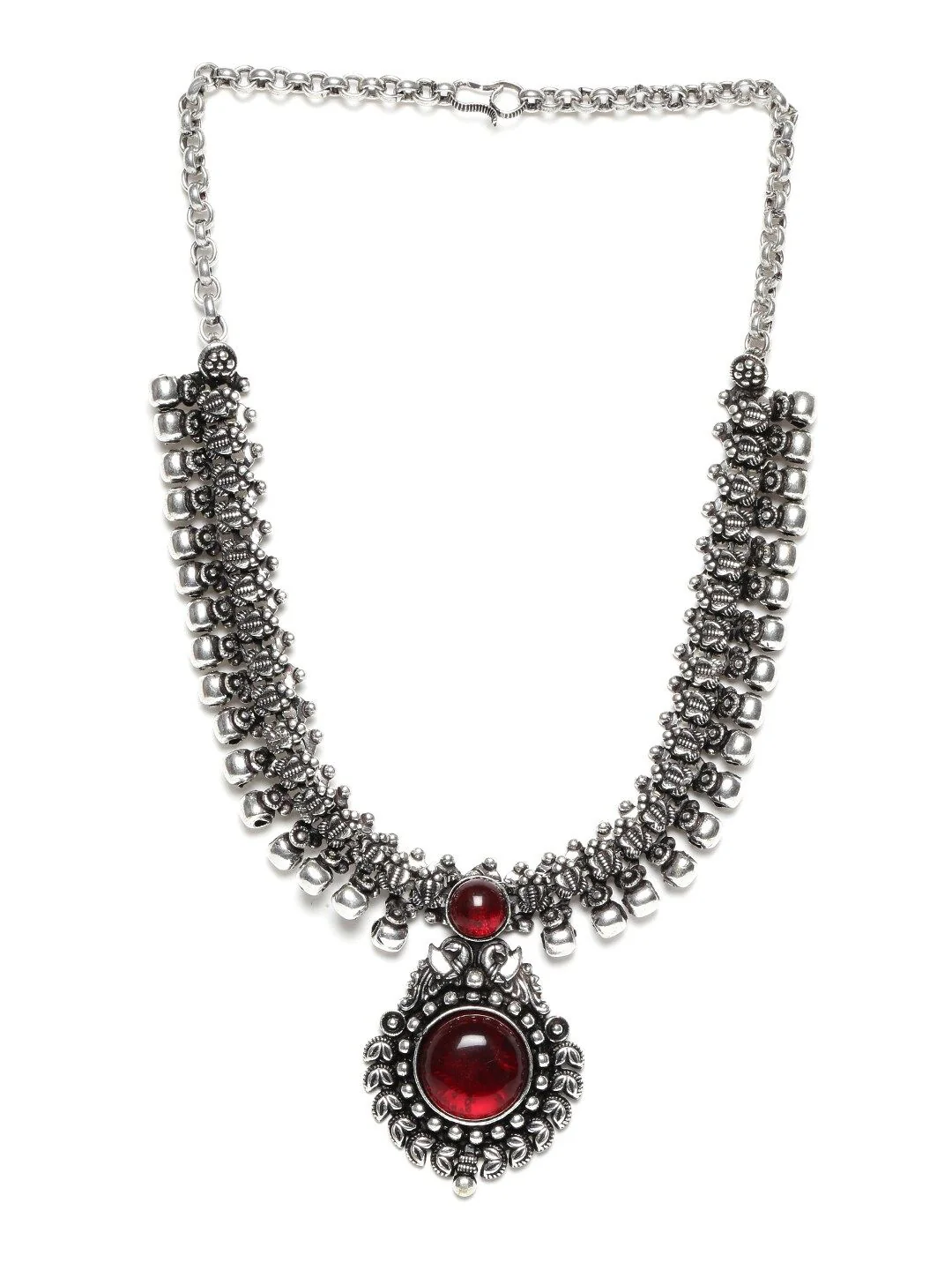 Rubans Oxidised Silver-Plated Ruby Red Stone Studded Antique Statement Necklace - Image 4