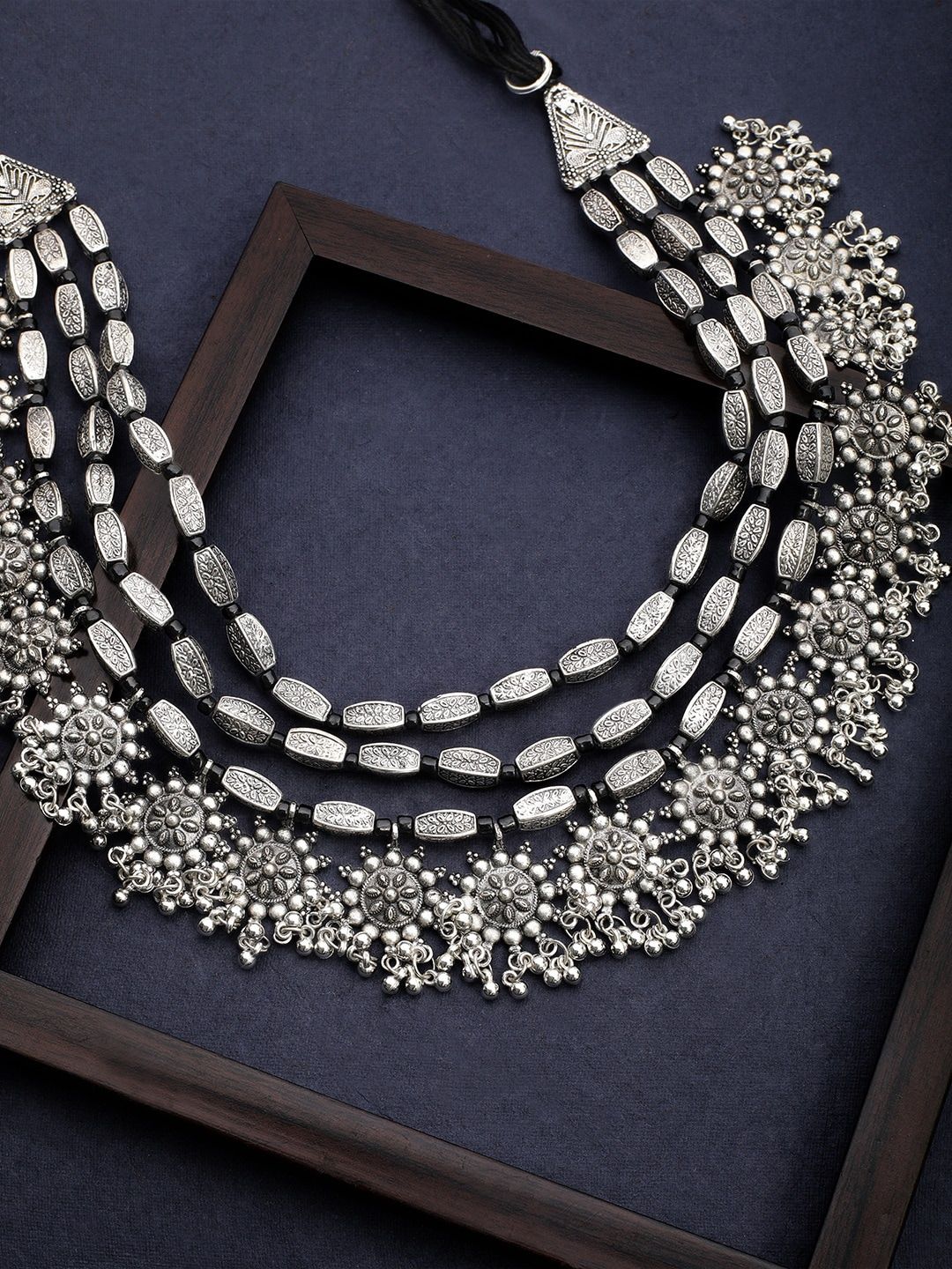 Rubans Oxidized Silver Plated Multi Layered Floral Design Ghungroo Beaded Necklace - Image 2