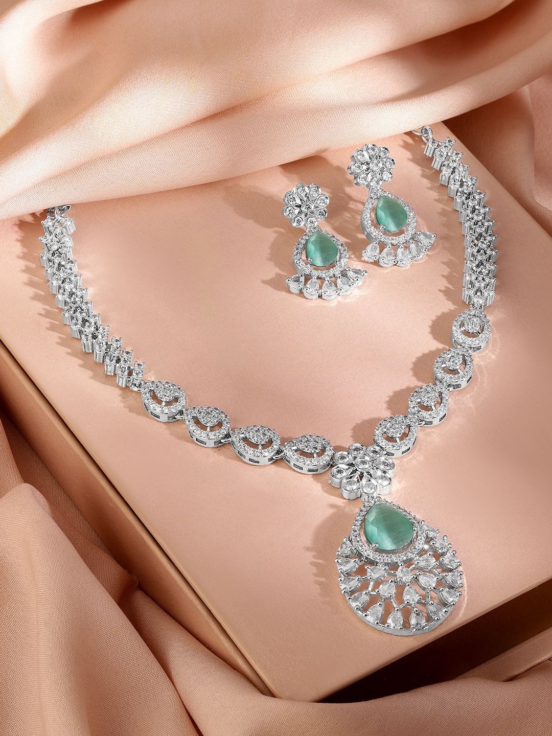 Rubans Rhodium-Plated Pastel Green AD & Cubic Zirconia Studded Necklace Set - Image 2