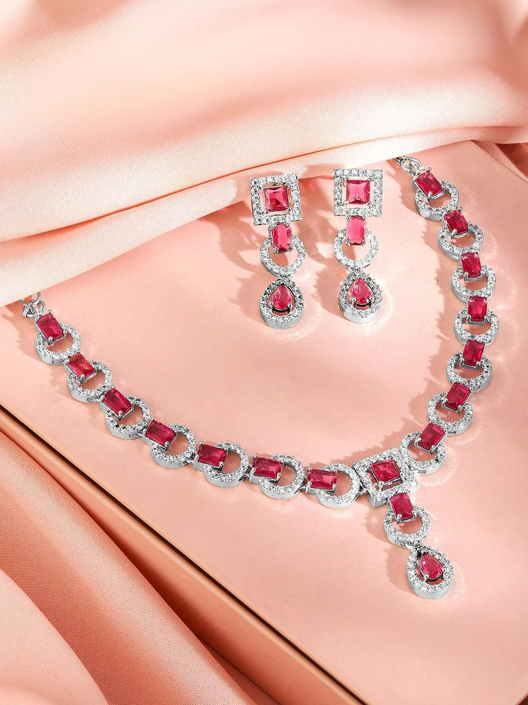 Rubans Rhodium-Plated Ruby Pink AD & Cubic Zirconia Studded Classic Necklace Set - Image 2